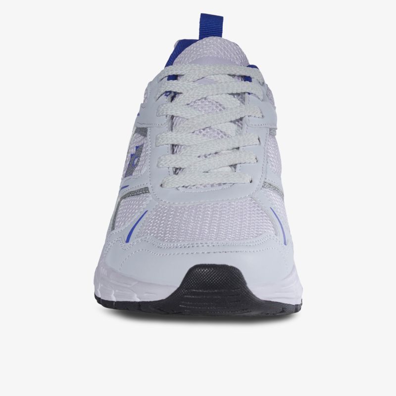 Moderner weißer Sportschuh mit blauen Akzenten und robuster Sohle für optimalen Komfort und Stil.