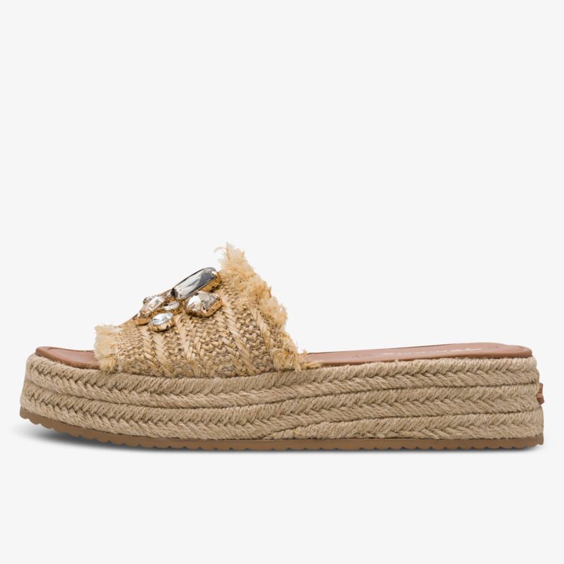 Seitenansicht Espadrille mit geflochtenem Design, flacher Sohle und offenem Zehenbereich für sommerlichen Komfort