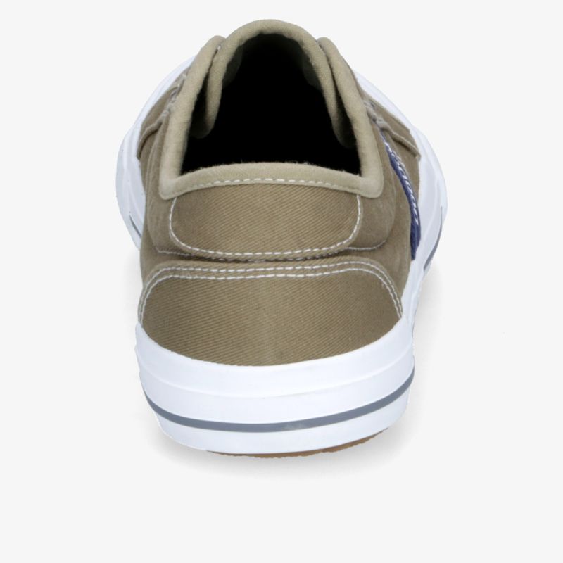 Beiger Sneaker mit weißem Sohlenrand in klarer Rückansicht, komfortabel und leicht für den Alltag
