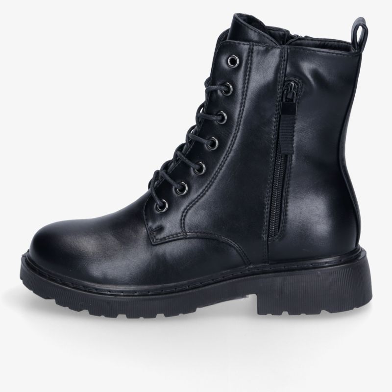 Schwarzer Schnürstiefel mit Reißverschluss und robuster rutschfester Sohle in eleganter Lederoptik.