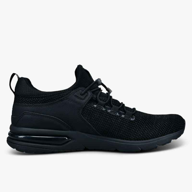 Elegante schwarze Sneaker mit atmungsaktivem Stoff und gepolsterter Sohle für optimalen Komfort.