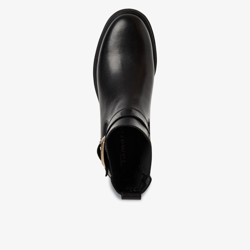 Eleganter schwarzer Lederstiefel mit robuster Schnalle und glatter, hochwertiger Oberfläche in Draufsicht