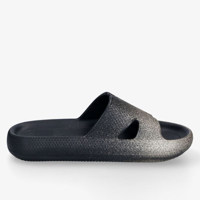 Schwarze, bequeme Pantoffel mit ergonomischem Design und rutschfester Sohle, ideale Passform und leichtes Material