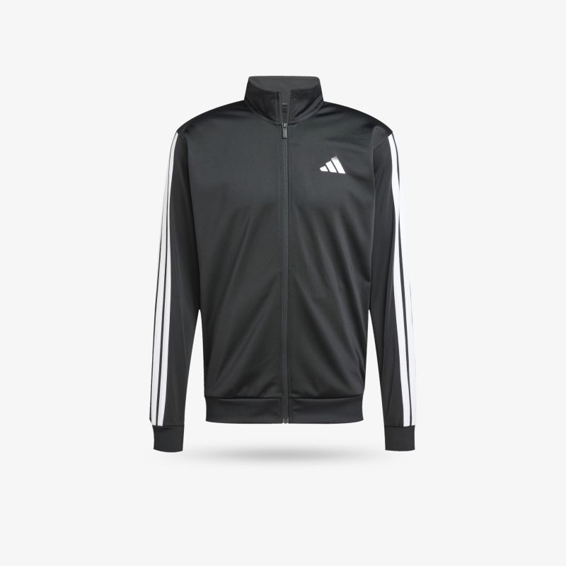 Schwarze Sportjacke mit weißem Adidas-Logo und Reißverschluss, komfortabel und leicht, vorne sichtbar