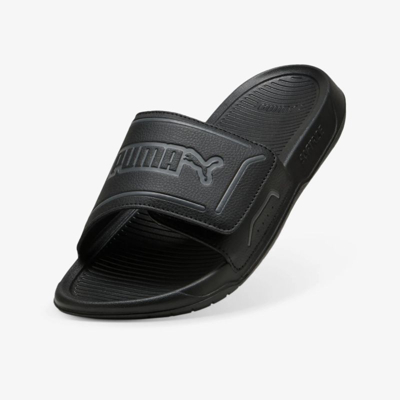 Schwarze Puma Badelatsche mit breitem Riemen und dezisem Logo, komfortabel und rutschfest