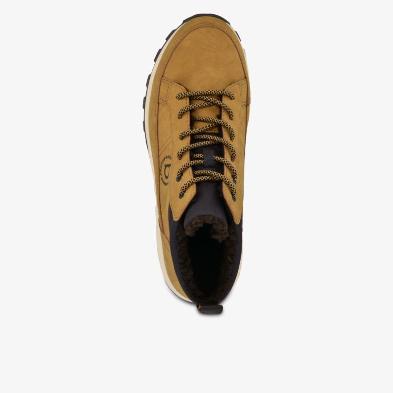Oberansicht eines robusten und komfortablen gelben Schnürschuhs mit Lederdetails und sportlichem Design