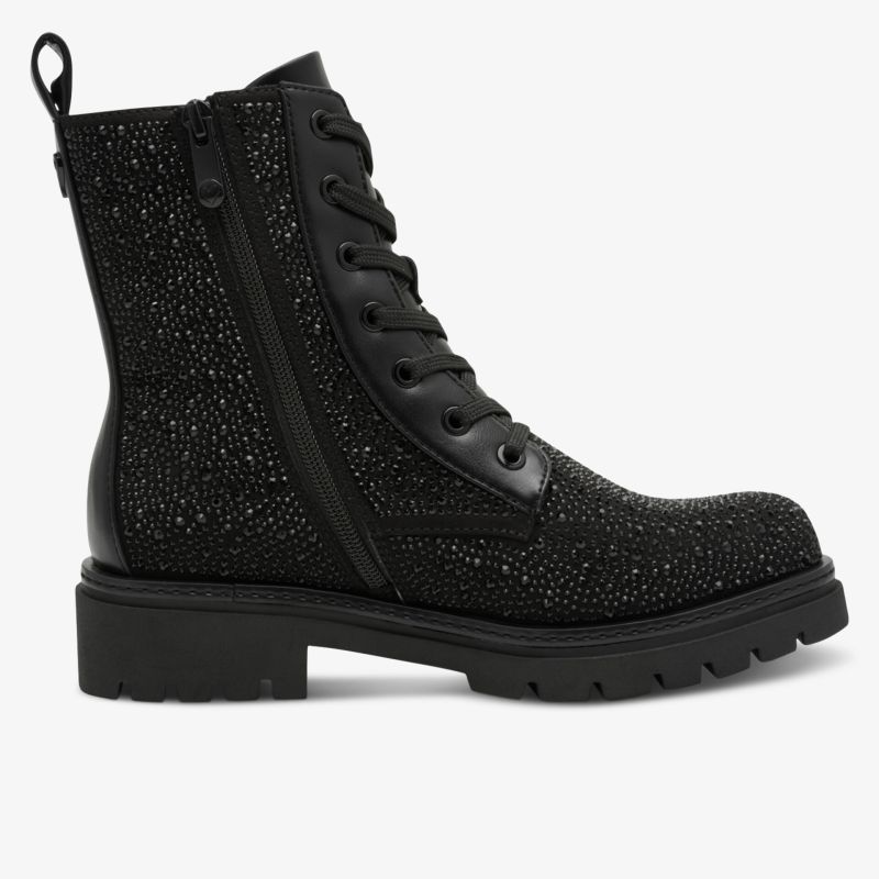 Schwarzer robuster Stiefel mit seitlichem Reißverschluss und verziert mit modischen Nieten, profilierte Sohle
