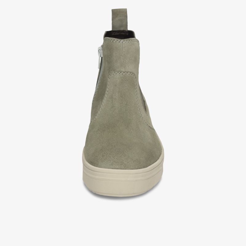 Grauer Wildlederstiefel mit weißer Gummisohle, eleganter Schaft und komfortabler Passform frontal