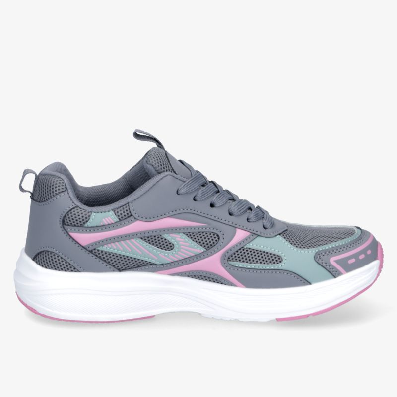 Leichter Sportschuh in Grau und Rosa mit guter Dämpfung und atmungsaktivem Material seitlich gezeigt