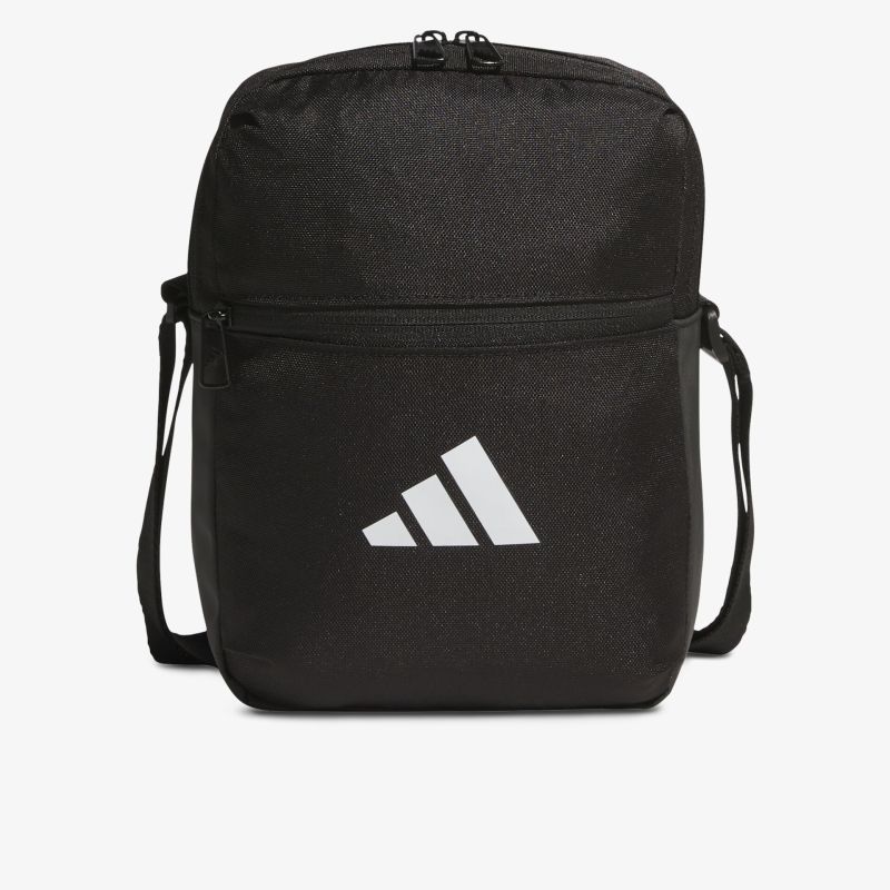 Schwarzer kompakter Rucksack mit Reißverschlusstasche und einstellbarem Schultergurt, Adidas Logo vorne