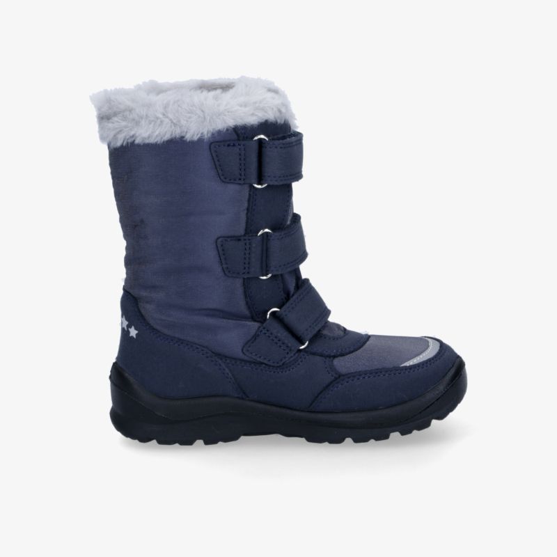 Seitliche Ansicht eines blauen Winterstiefels mit warmem Futter und verstellbaren Schnallen für sicheren Halt
