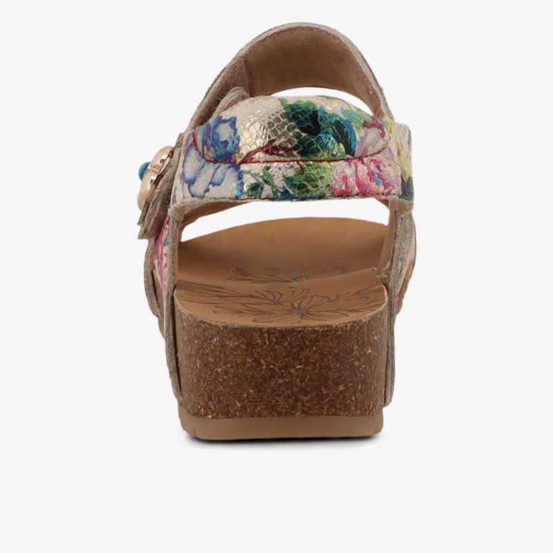 Rückansicht Sandale mit bequemer Korksohle, verstellbarem Riemen und buntem Blumenmuster für modischen Komfort