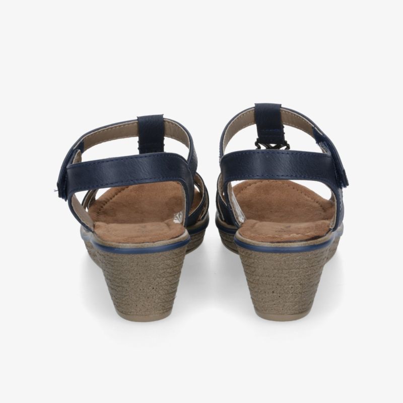 Rückansicht von bequemen Sandalen mit Keilabsatz und verstellbarem Riemen in brauner und navy Farbe