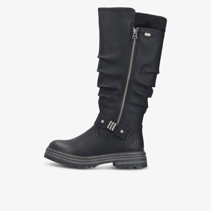 Seitlich sichtbarer schwarzer Stiefel mit hohem Schaft und praktischem Reißverschluss