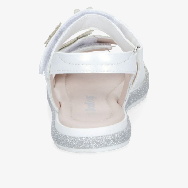 Weißer Schuh mit Klettverschluss und gepolstertem Fußbett, glitzernde flexible Sohle, Rückansicht
