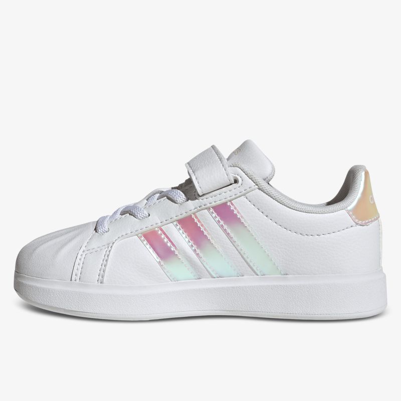 Weißer Sneaker mit Klettverschluss und pastellfarbenen Streifen, komfortabel und sportlich gestaltet