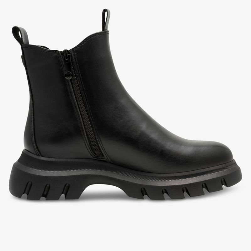Schwarzer Stiefel mit robuster Profilsohle und seitlichem Reißverschluss für einfaches An- und Ausziehen