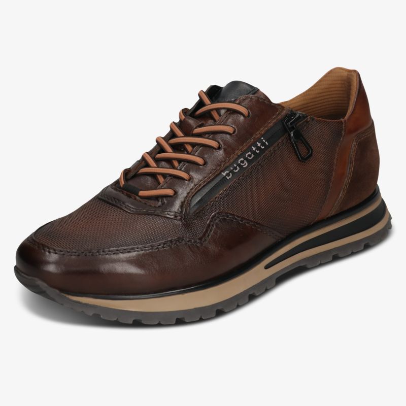 Brauner Ledersneaker mit Reißverschluss und Schnürsenkeln, sportlich und bequem für den Alltag