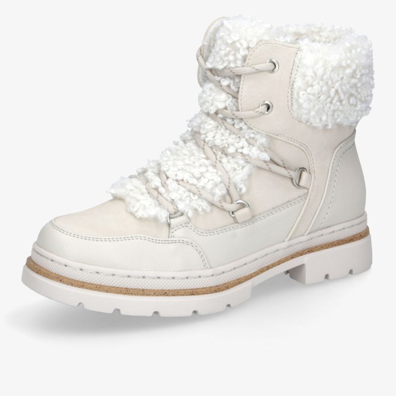 Warmer heller Winterschuh mit kuscheligem Futter, robuster Sohle und modischer Schnürung in schräger Vorderansicht