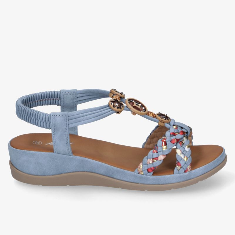 Stylische blaue Sandale mit geflochtenen Riemen und elastischem Fersenband für Komfort und Mode.