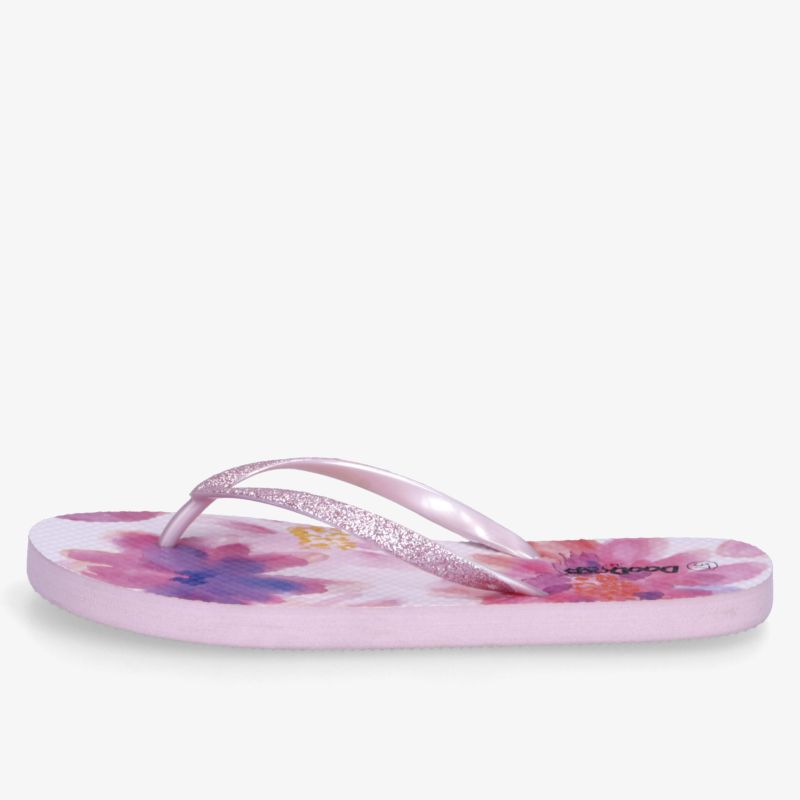 Pinkfarbener Flipflop mit floralem Muster, bequemer Riemen und leichter, flexibler Sohle