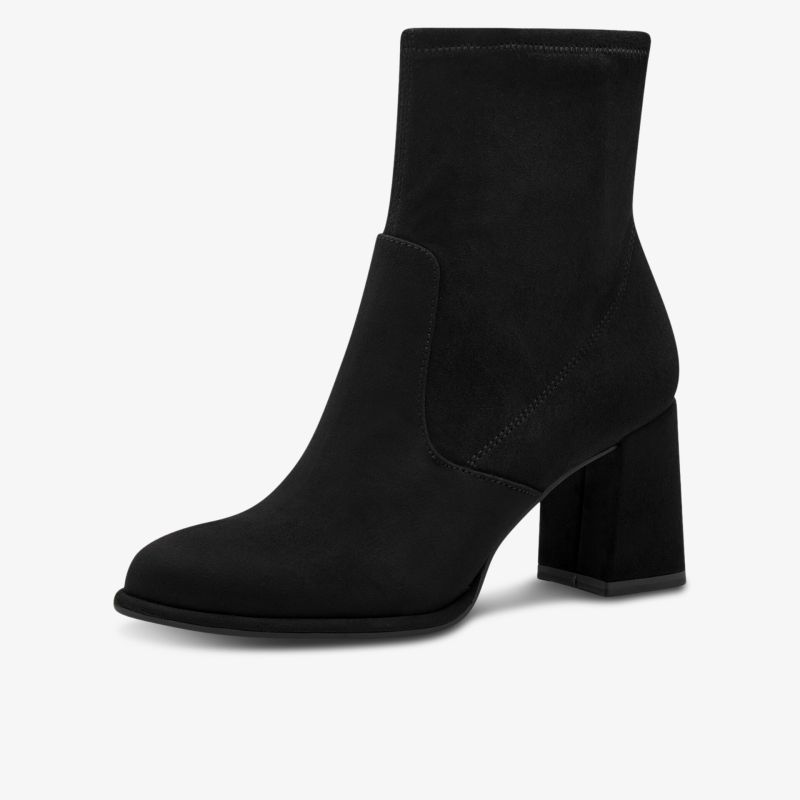 Schwarzer eleganter Stiefel aus Veloursleder mit stabilem Blockabsatz und schickem Design