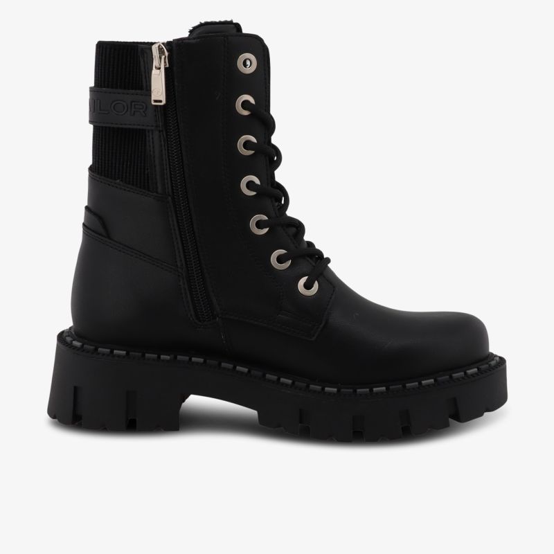 Robuster schwarzer Schnürstiefel mit seitlichem Reißverschluss und profilierter Sohle, stilvoll und langlebig