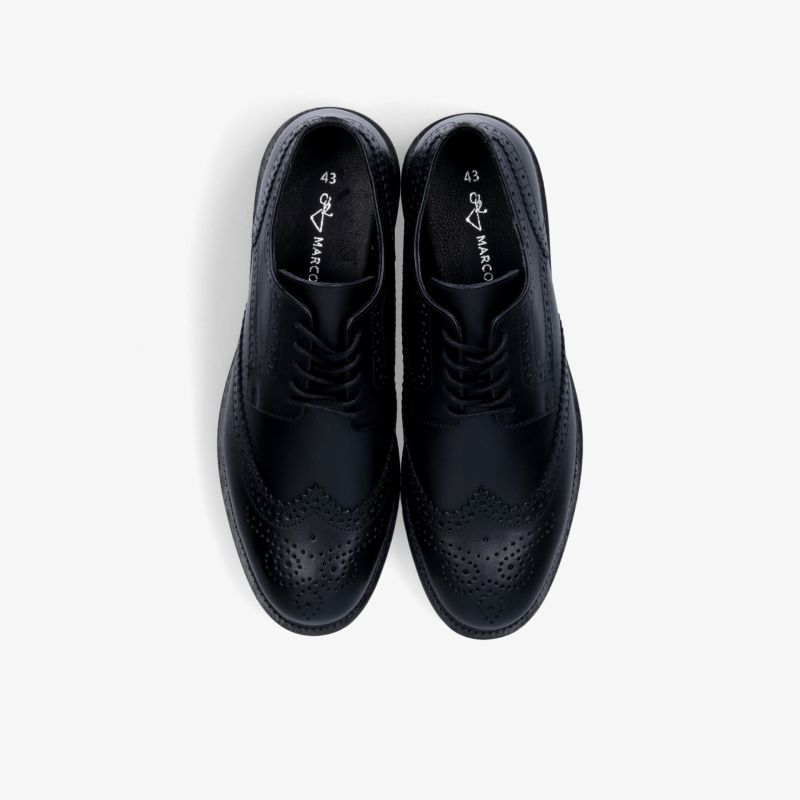 Elegantes Paar schwarzer Lederschuhe mit feinen Nahtdetails und komfortabler Passform in Draufsicht