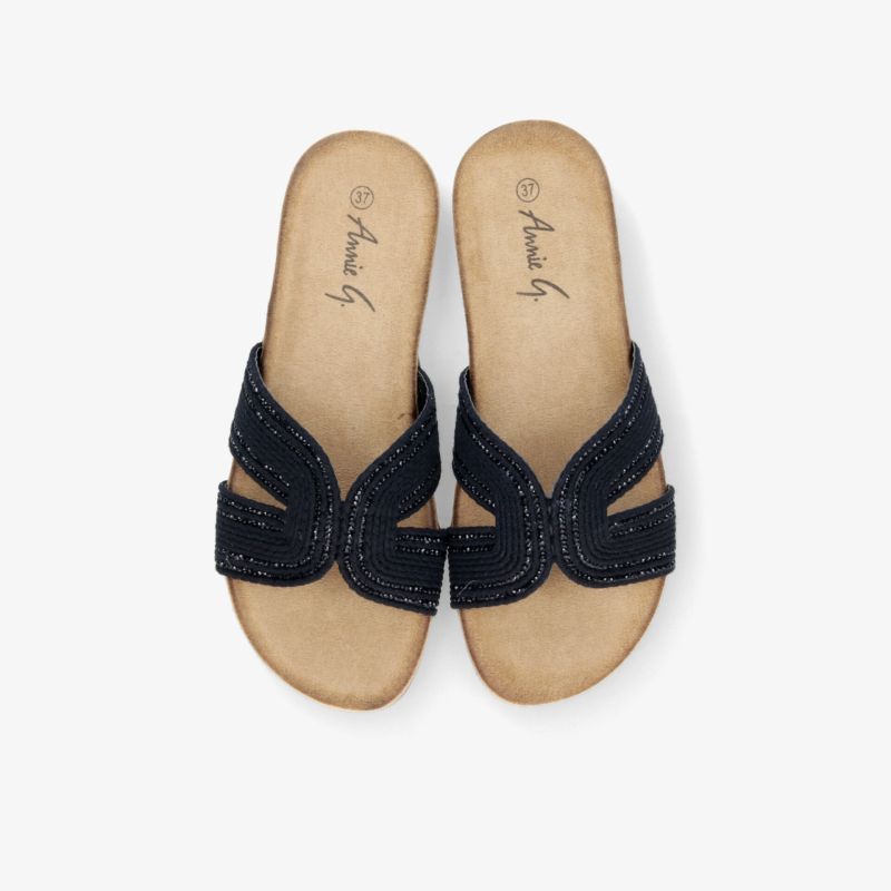 Bequeme schwarze Pantoletten mit offenem Design und gepolsterter Innensohle, ideal für sommerlichen Komfort und Alltag
