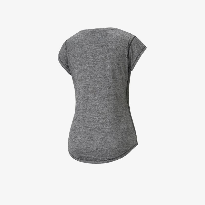 Rückansicht eines grauen kurzärmligen T-Shirts mit rundem Ausschnitt und bequemem, leichtem Material