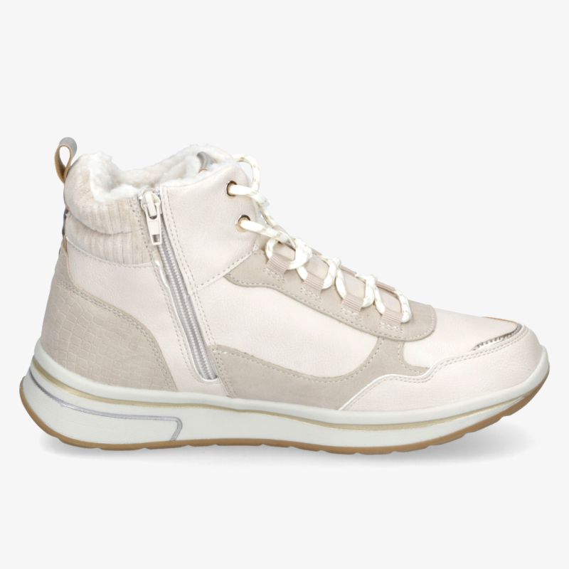 Seitenansicht eines bequemen weißen Sneakers mit seitlichem Reißverschluss und gepolstertem Schaftrand
