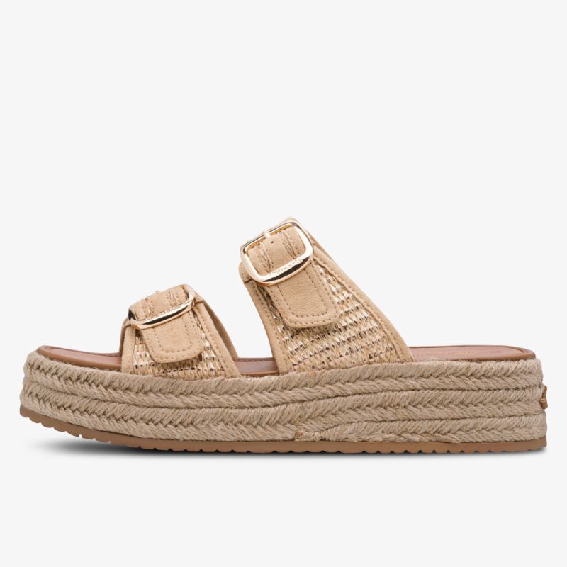 Beige Plateau Sandale mit doppeltem verstellbarem Riemen und Jute-Umrandung, modisch und bequem