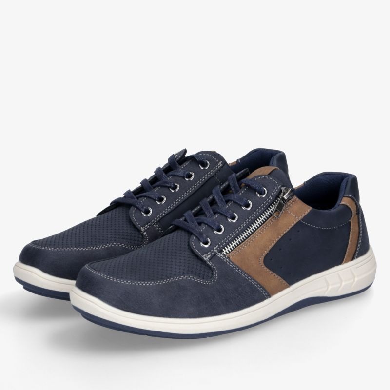 Sportliche Freizeitschuhe in Blau und Braun mit leichter Sohle und stabilem Schnürsystem im Paar abgebildet