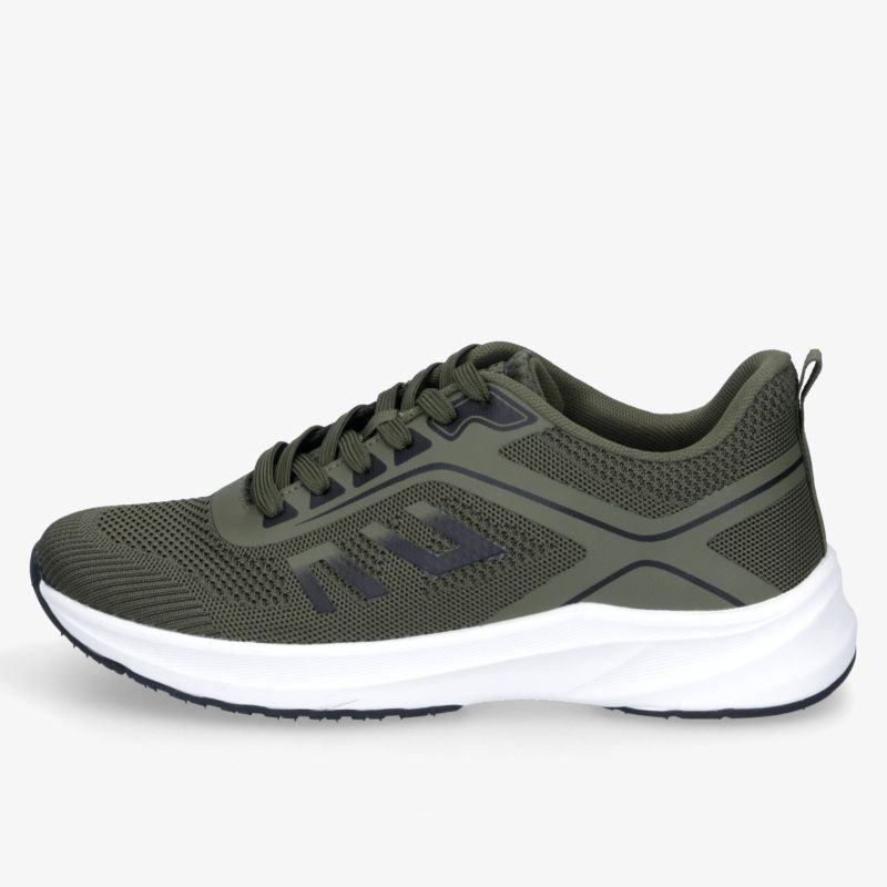 Sportlicher grüner Laufschuh mit atmungsaktivem Material und stoßdämpfender, rutschfester Sohle, seitliche Ansicht