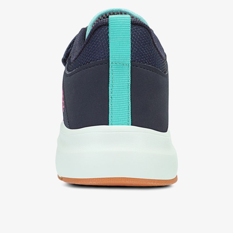 Schwarzer Sneaker mit türkisfarbenem Rückenteil und weißer Sohle, Rückansicht, sportlich und komfortabel