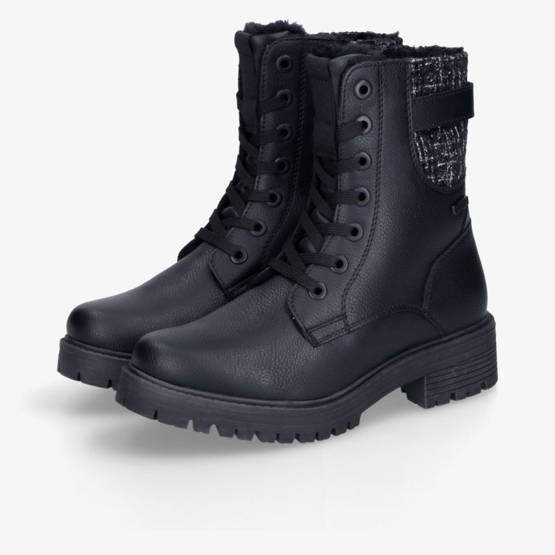 Robuste schwarze Schnürstiefel mit dick profilierter Sohle, bequem und langlebig, Paaransicht in 3/4 Perspektive