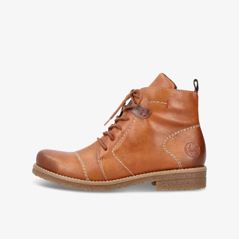 Seitlich abgebildeter cognacfarbener Lederstiefel mit Schnürung und robuster, flexibler Sohle