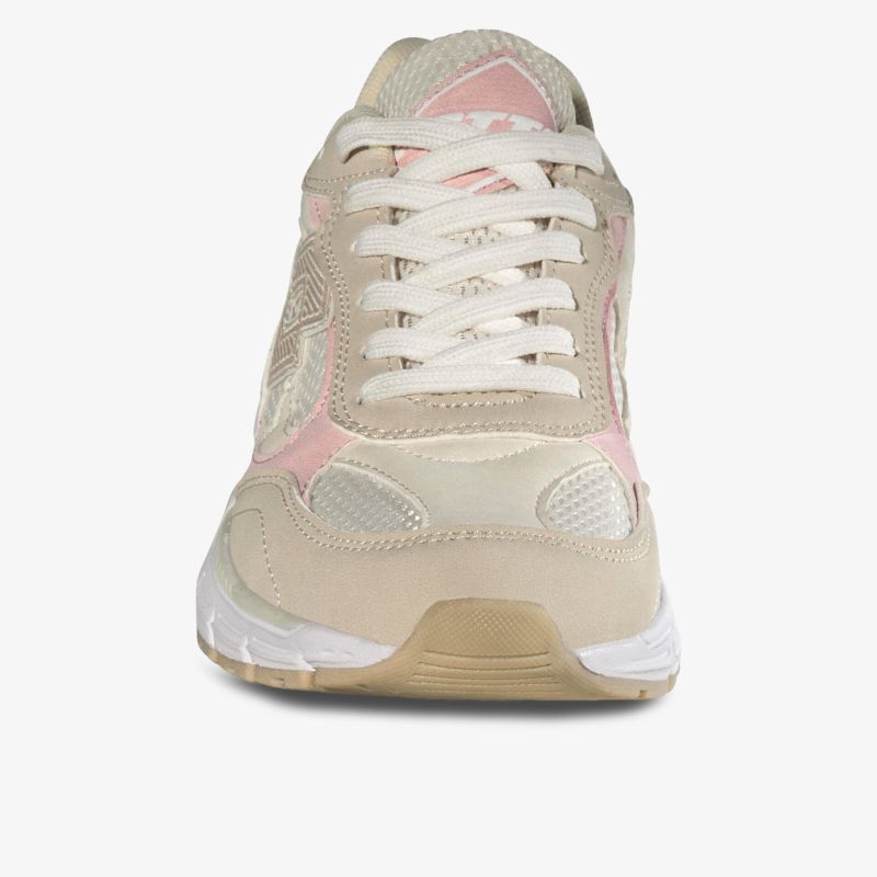 Beiger Sneaker mit weißer Sohle und rosa Akzenten, vorne abgebildet.