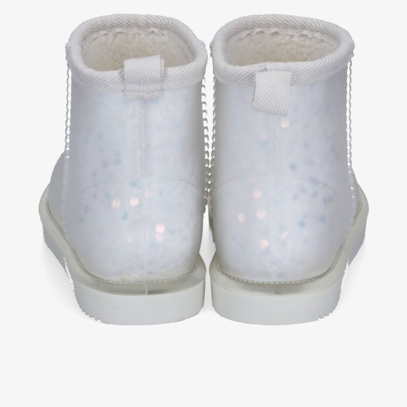 Weißer glitzernder Winterstiefel mit weichem Innenfutter und bequemer Sohle, Rückansicht