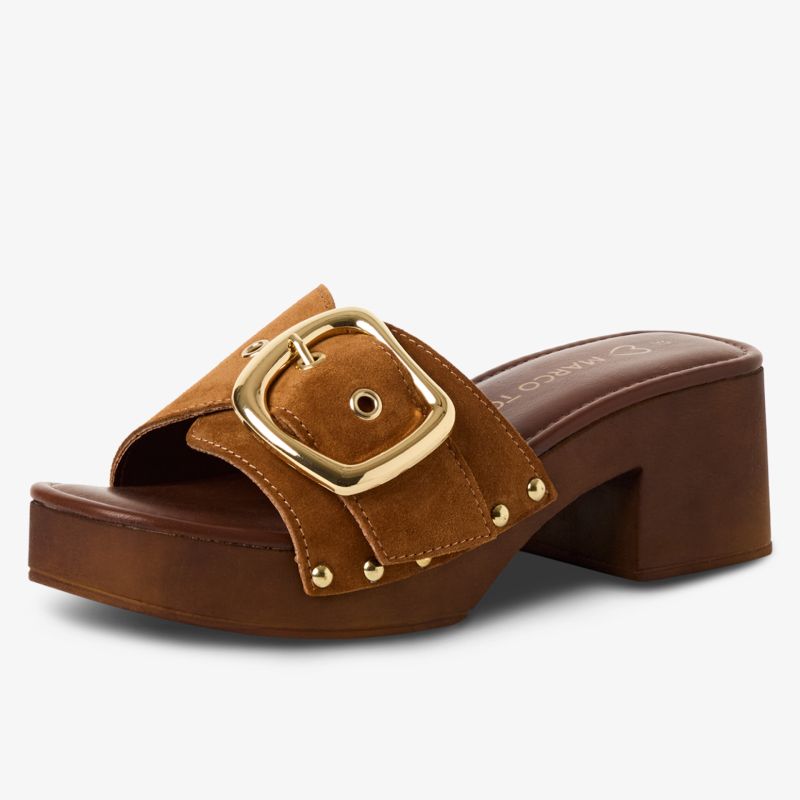 Stylische braune Pantolette mit breiter goldener Schnalle und komfortablem Blockabsatz für eleganten Auftritt