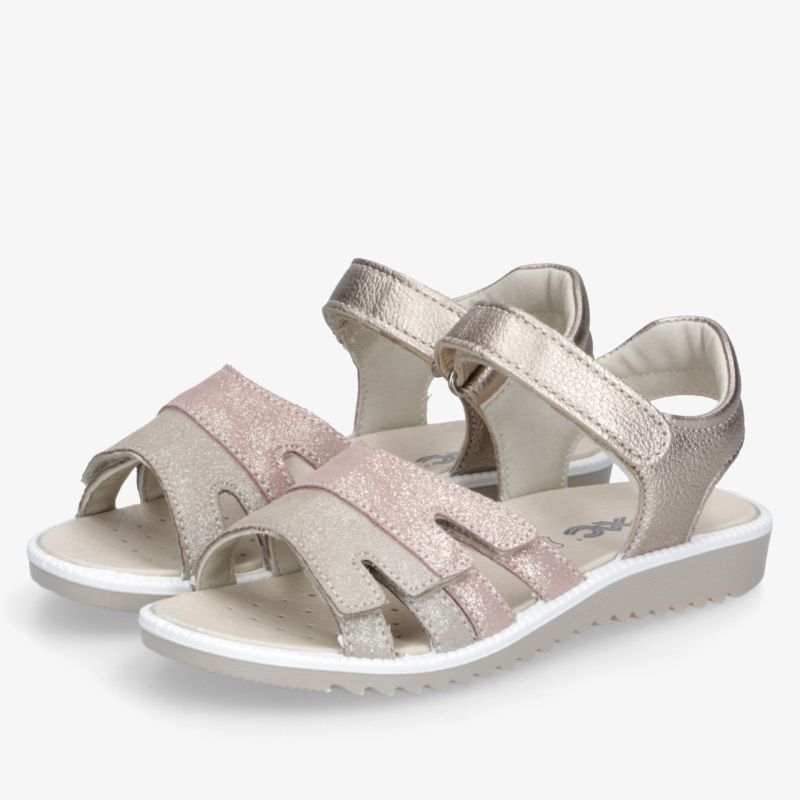 Bequeme rosa-metallic Sandalen mit verstellbarem Klettverschluss und flexibler, leichter Sohle im Paar