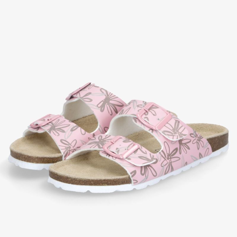 Bequeme rosa Pantolette mit floralem Muster und verstellbaren Klettverschlüssen, ideal für sommerliche Tage.