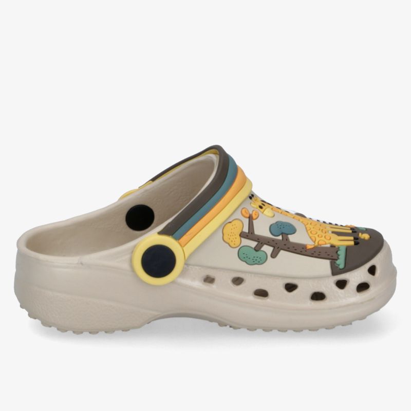 Beiger leichter und bequemer Schuh mit bunter Verzierung und rutschfester, flexibler Sohle aus seitlicher Ansicht