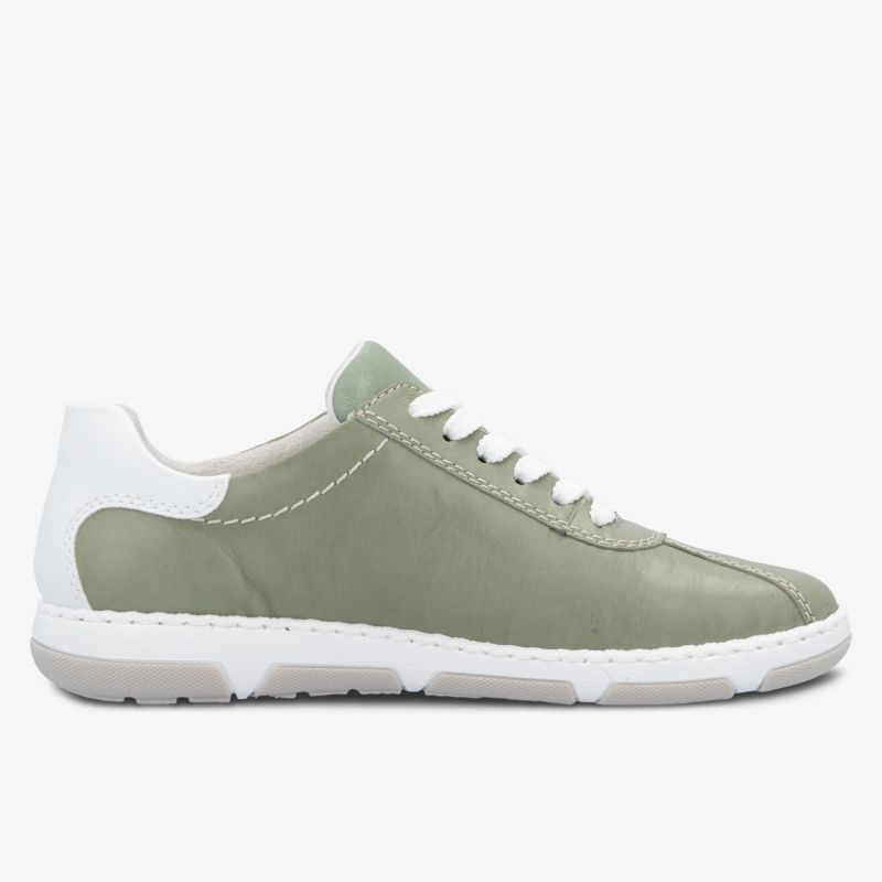 Grüner Sneaker mit weißer Ferse und komfortabler Sohle, seitliche Ansicht.