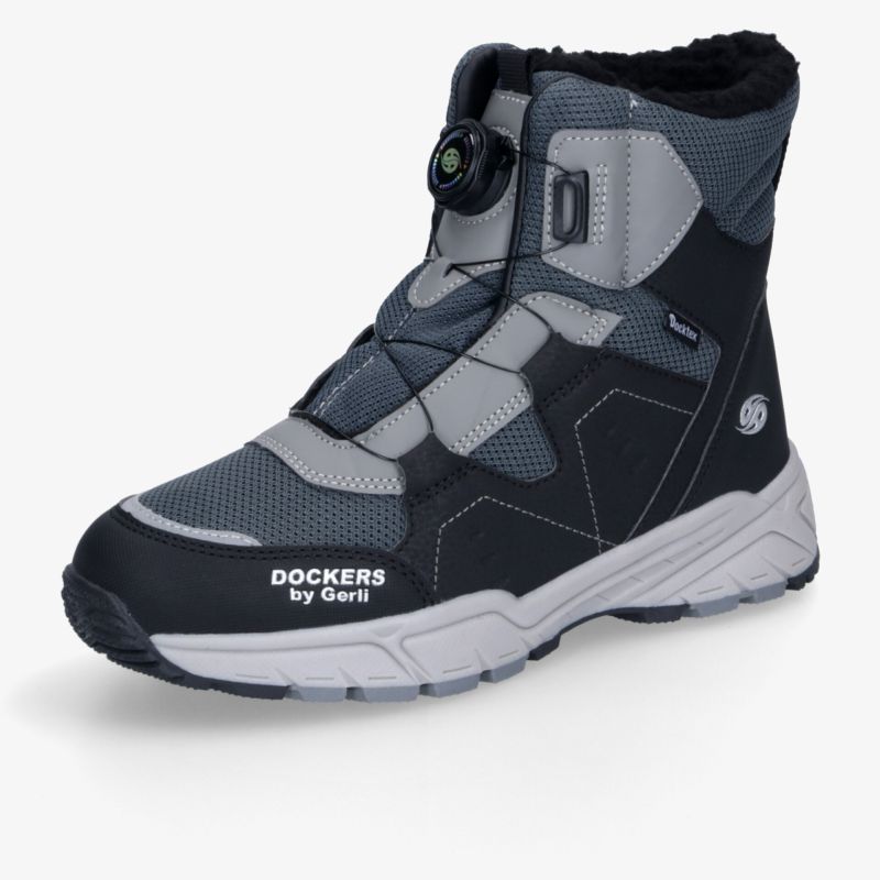 Robuster Winterstiefel mit wasserabweisendem Material, warmem Innenfutter und rutschfester Sohle, schräg vorne aufgenommen
