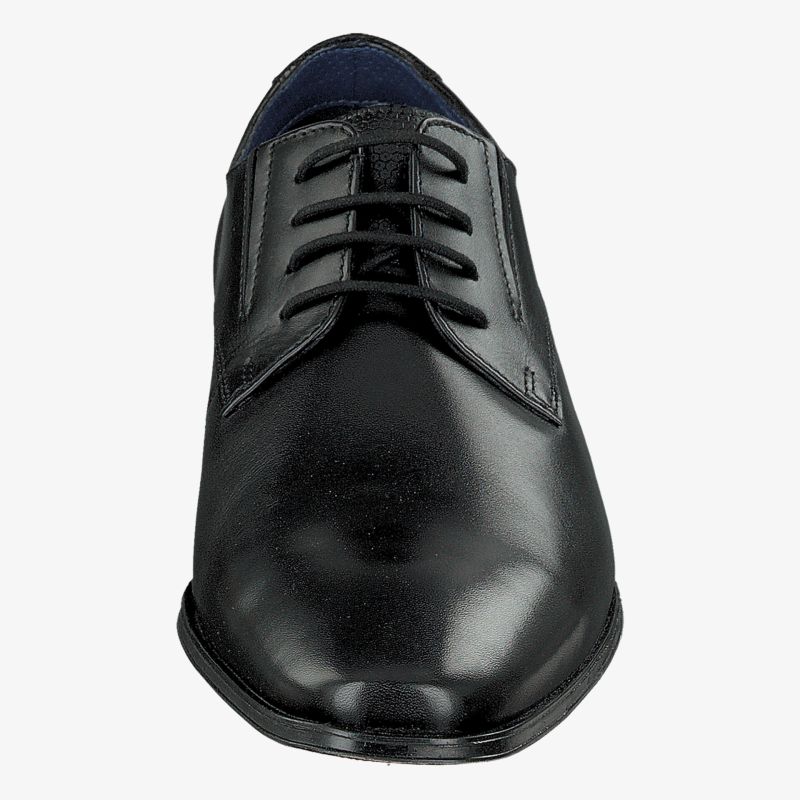 Eleganter schwarzer Lederschuh mit klassischem Design und feiner Schnürung, ideal für formelle Anlässe.
