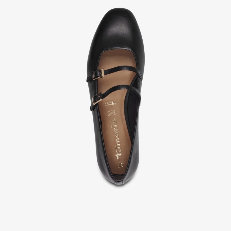 Eleganter schwarzer Schuh mit verstellbaren Riemen und komfortablem Innenfutter, Draufsicht