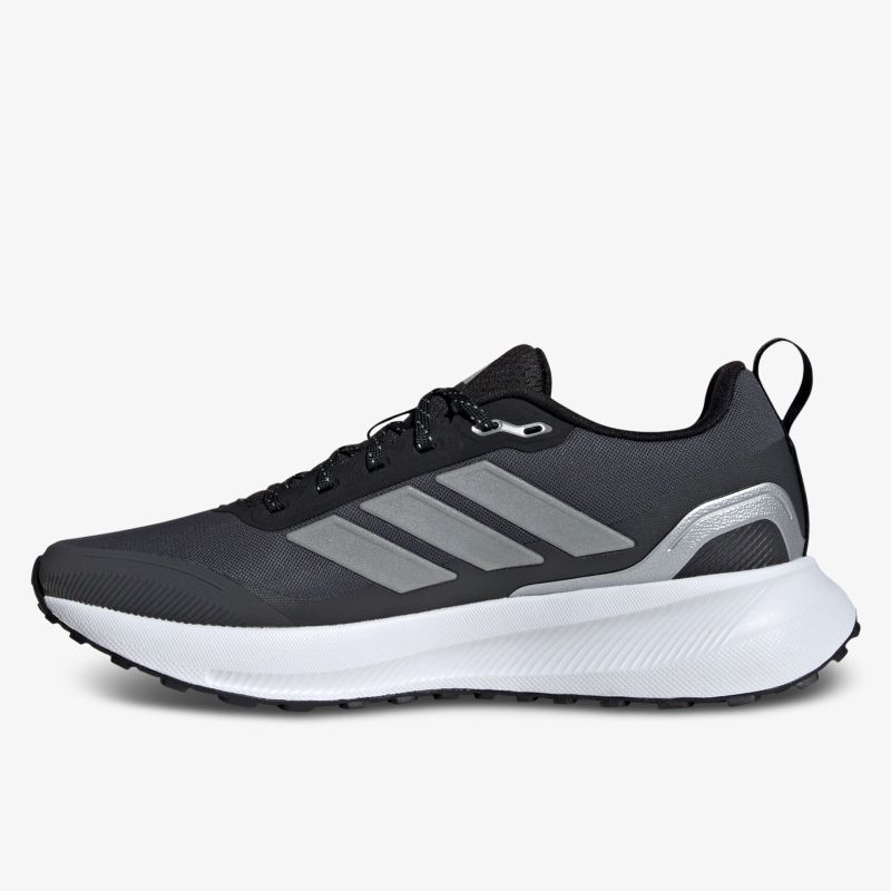 Moderner leichter Laufschuh mit atmungsaktivem Material und gepolsterter rutschfester Sohle seitlich sichtbar