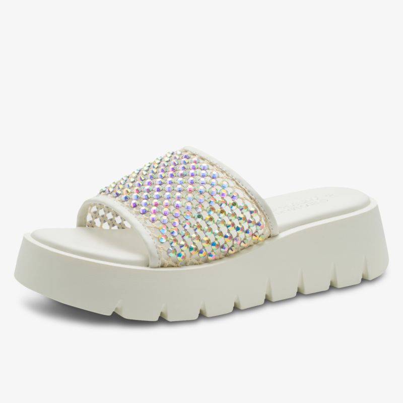 Moderne Pantolette mit dicker, profilierter Sohle und glitzernden Steinen auf dem Riemen für bequemen, stylischen Look