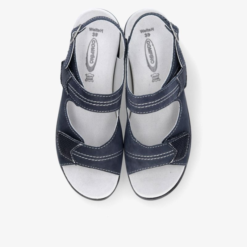 Bequeme blaue Sandalen mit verstellbaren Riemen, gepolstertem Fußbett und rutschfester Sohle, Draufsicht